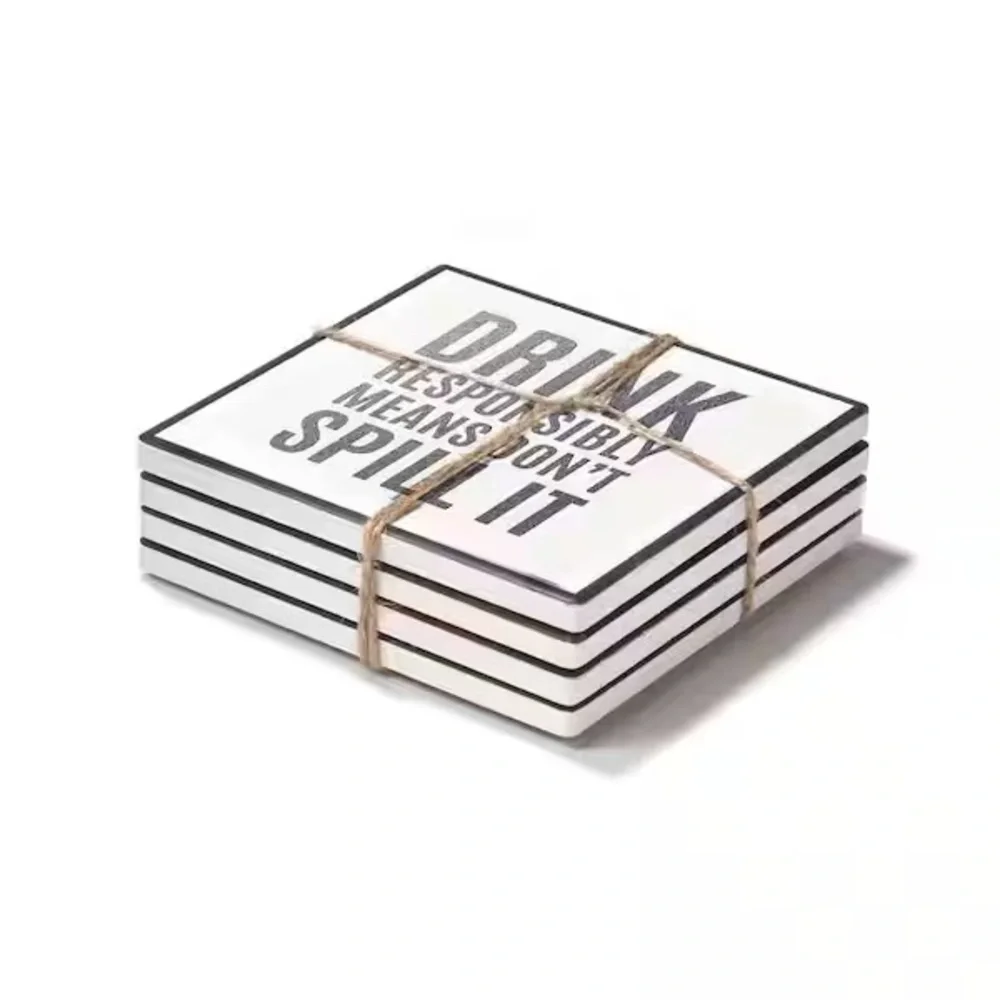 American Atelier Work Hour Happy Hour S/4 Ceramic Coasters NWT